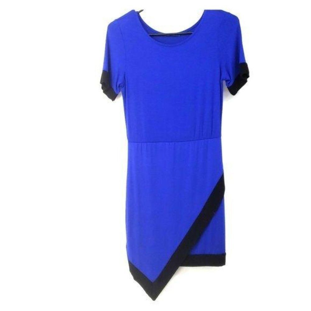 Sweet Claire blue black asymmetrical hem short sleeve dress sz S